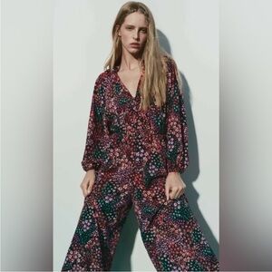 Zara Wide Leg Jumpsuit Medium Dark Floral Moody Balloon Long Sleeve Grunge